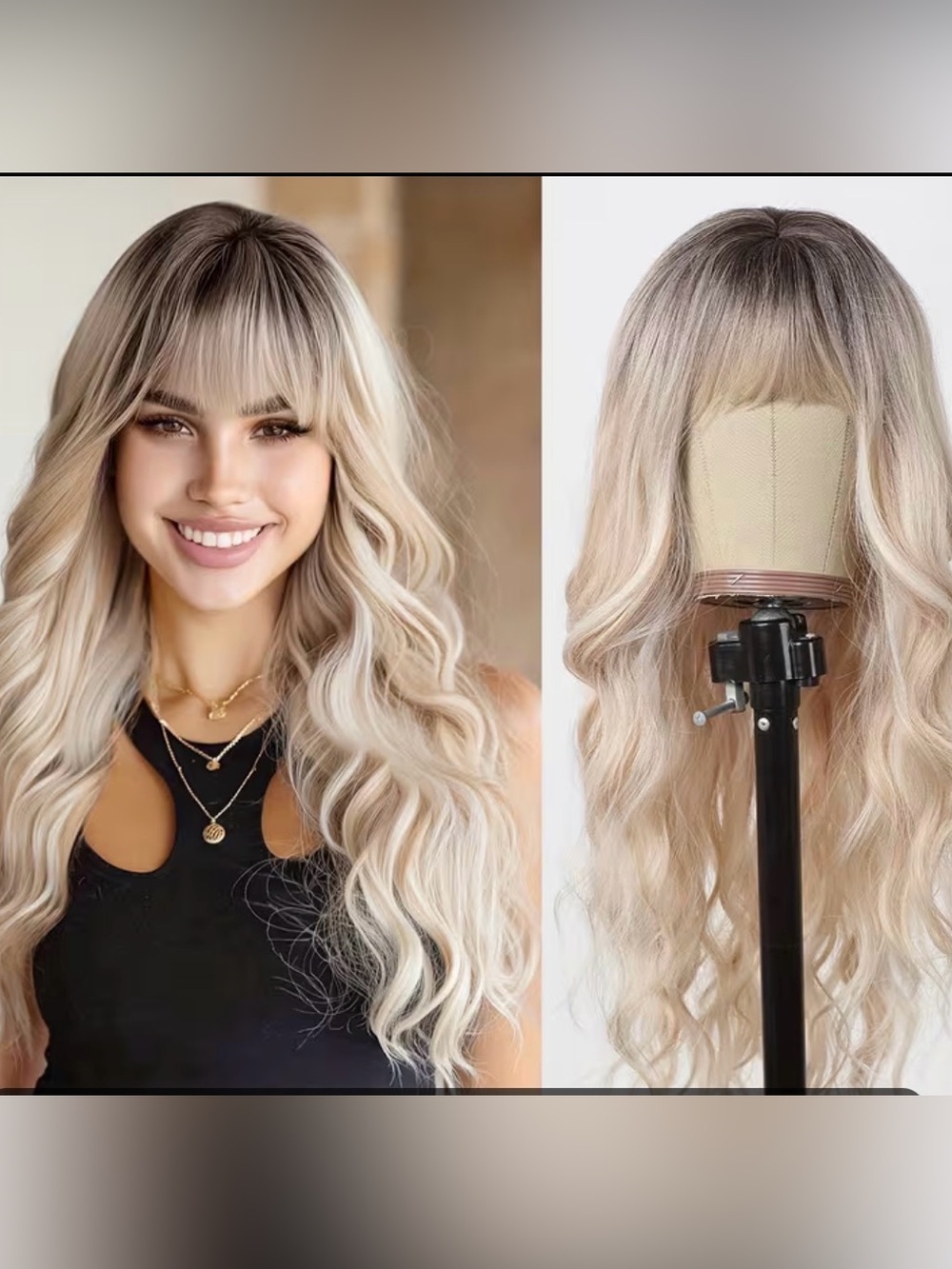 Blonde Ombre Long Wavy Wig with Bangs - Natural-Looking Style